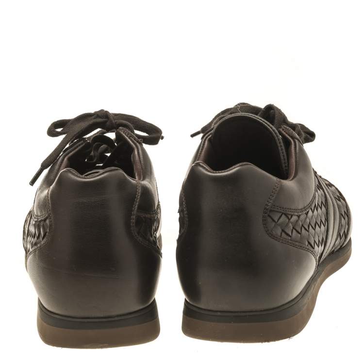 Pre Owned Bottega Veneta Dark Brown Intrecciato Leather Lace Up Low Top Sneakers Size 43.5