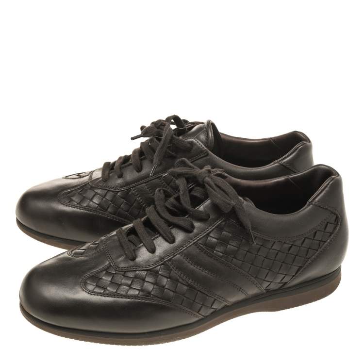 Pre Owned Bottega Veneta Dark Brown Intrecciato Leather Lace Up Low Top Sneakers Size 43.5