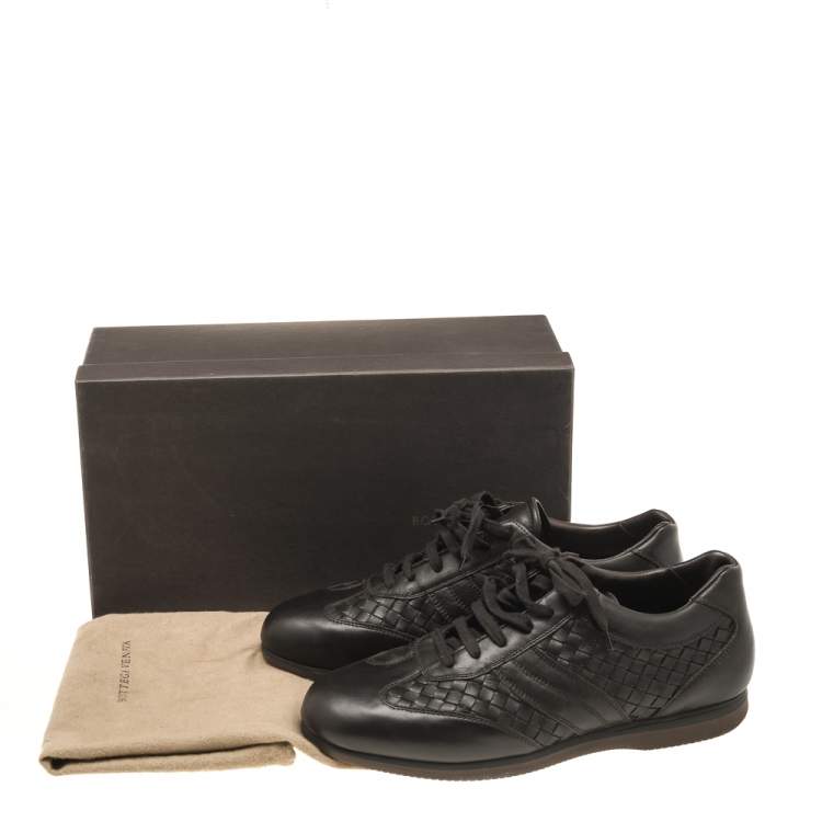 Pre Owned Bottega Veneta Dark Brown Intrecciato Leather Lace Up Low Top Sneakers Size 43.5