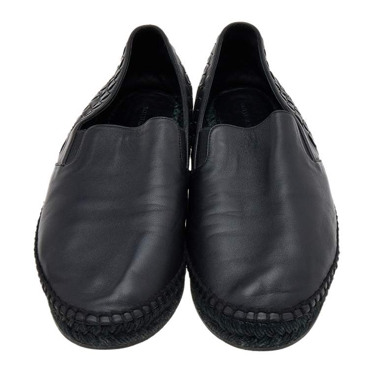 Pre Owned Bottega Veneta Black Intrecciato Leather Slip On Espadrilles Size 42