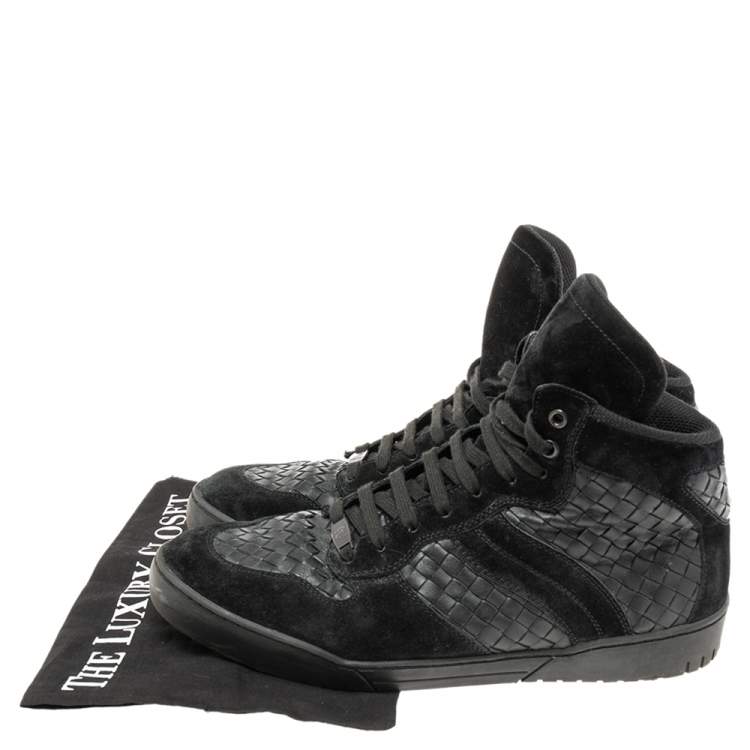 Pre Owned Bottega Veneta Black Suede And Intrecciato Leather High Top Lace Up Sneaker  Size 45