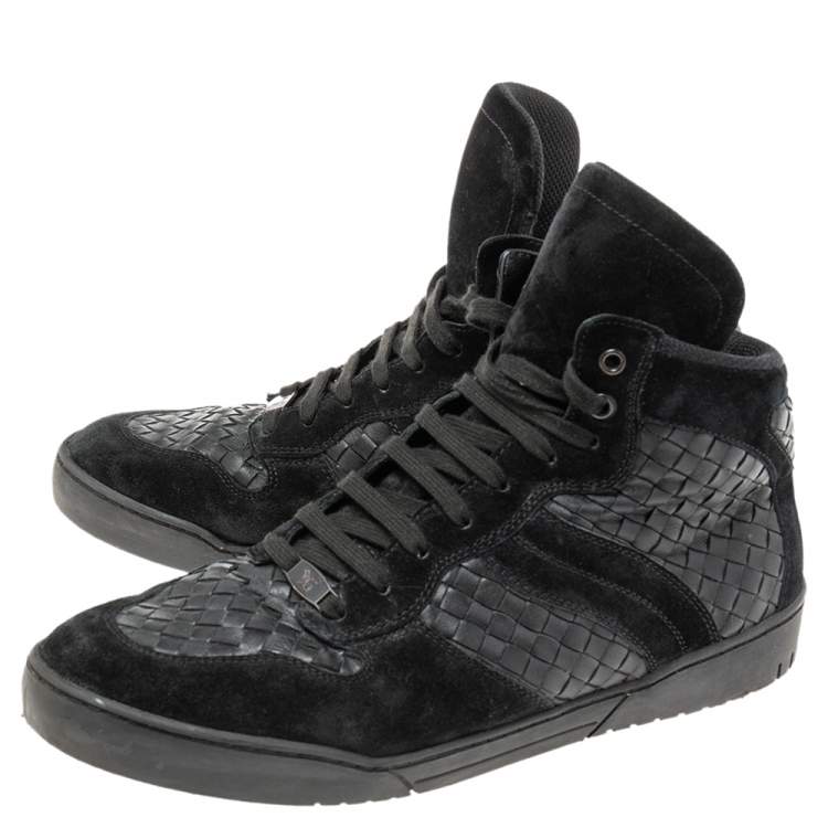 Pre Owned Bottega Veneta Black Suede And Intrecciato Leather High Top Lace Up Sneaker  Size 45
