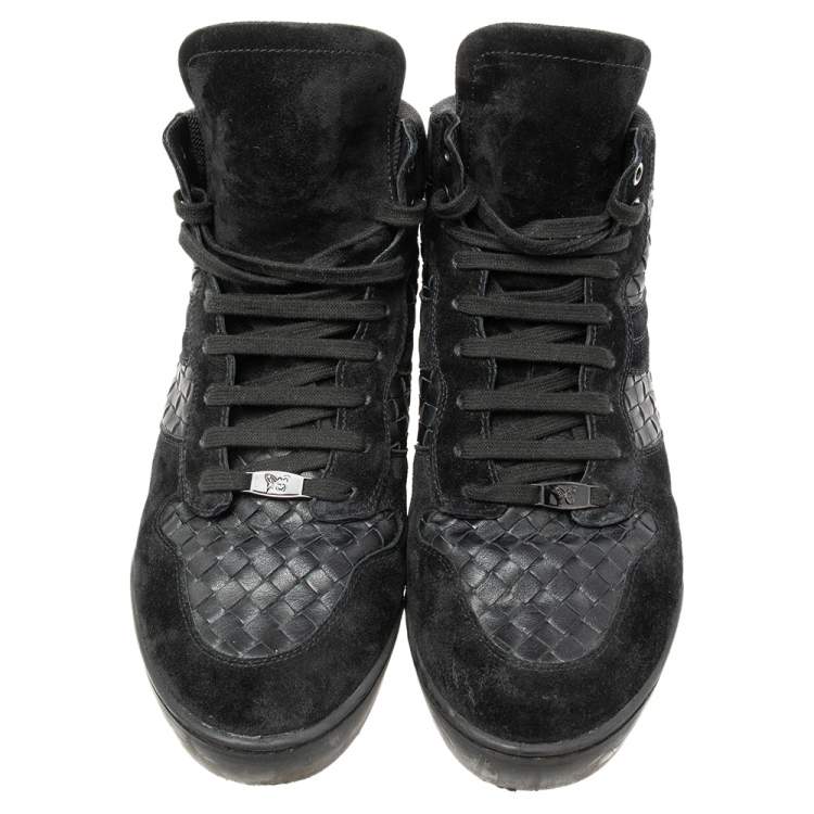 Pre Owned Bottega Veneta Black Suede And Intrecciato Leather High Top Lace Up Sneaker  Size 45