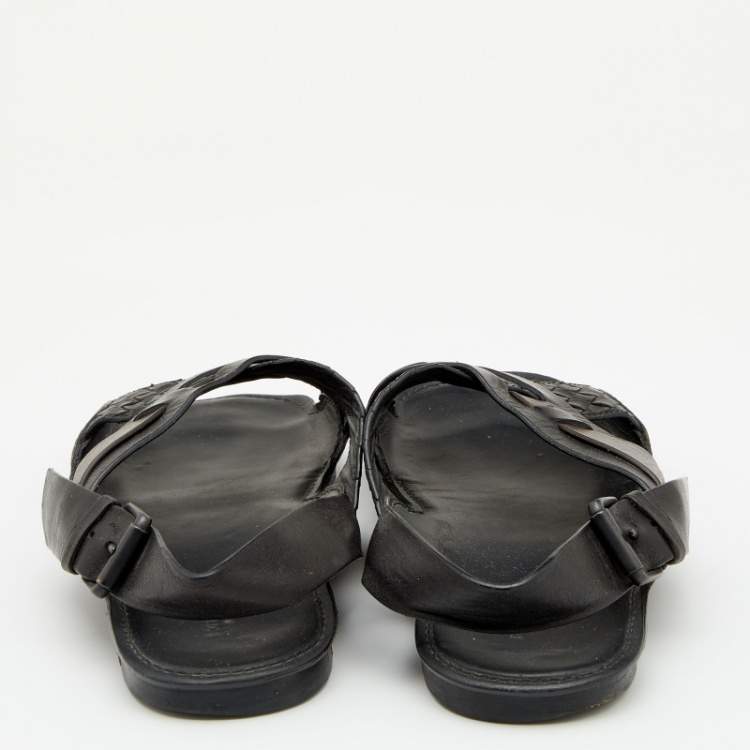 Pre Owned Bottega Veneta Black/Dark Brown Intrecciato Leather Criss Cross Flat Sandals Size 43