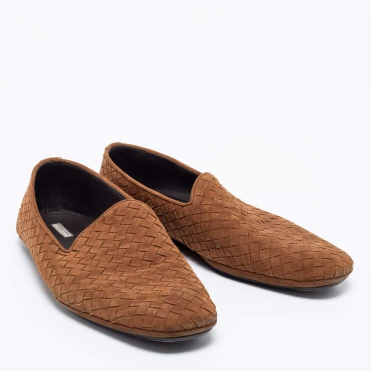 Pre Owned Bottega Veneta Brown Intrecciato Suede Smoking Slippers Size 42