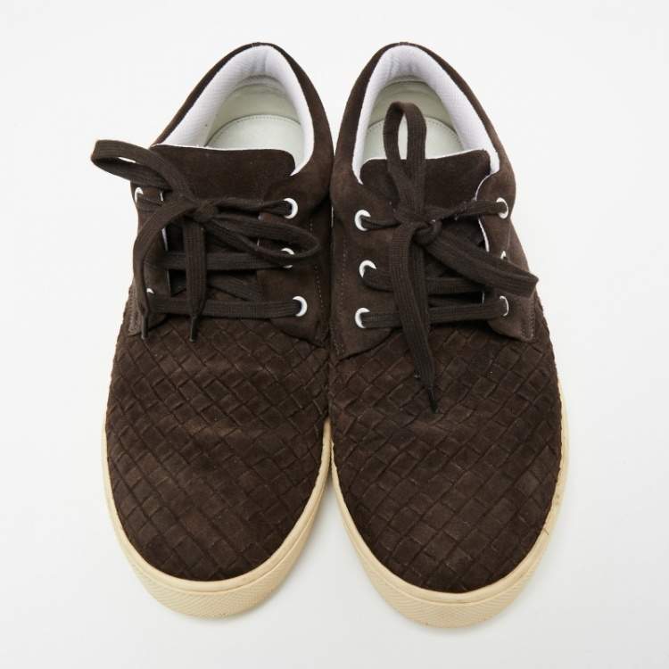 Pre Owned Bottega Veneta Brown Intrecciato Suede Lace Up Sneakers Size 45