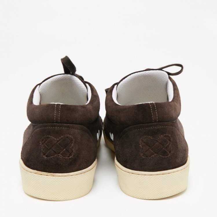 Pre Owned Bottega Veneta Brown Intrecciato Suede Lace Up Sneakers Size 45