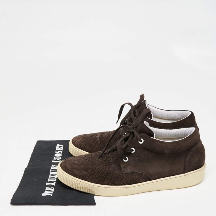 Pre Owned Bottega Veneta Brown Intrecciato Suede Lace Up Sneakers Size 45