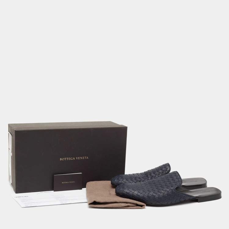 Pre Owned Bottega Veneta Navy Blue Intrecciato Leather Fiandra Flat Mules Size 42