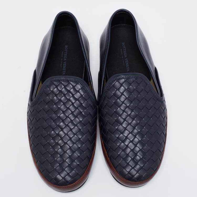 Pre Owned Bottega Veneta Navy Blue/Brown Intrecciato Leather Smoking Slippers Size 39
