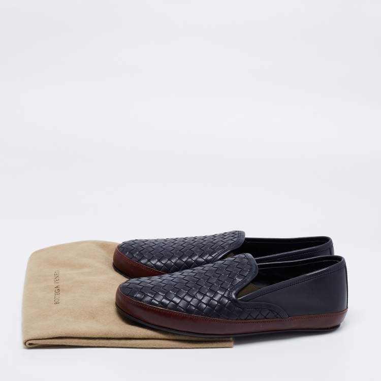 Pre Owned Bottega Veneta Navy Blue/Brown Intrecciato Leather Smoking Slippers Size 39