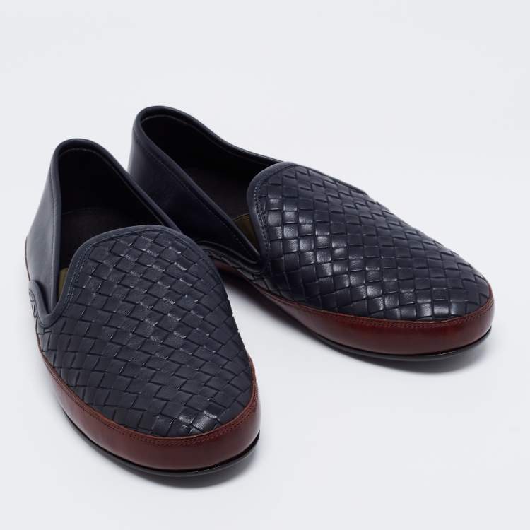 Pre Owned Bottega Veneta Navy Blue/Brown Intrecciato Leather Smoking Slippers Size 39
