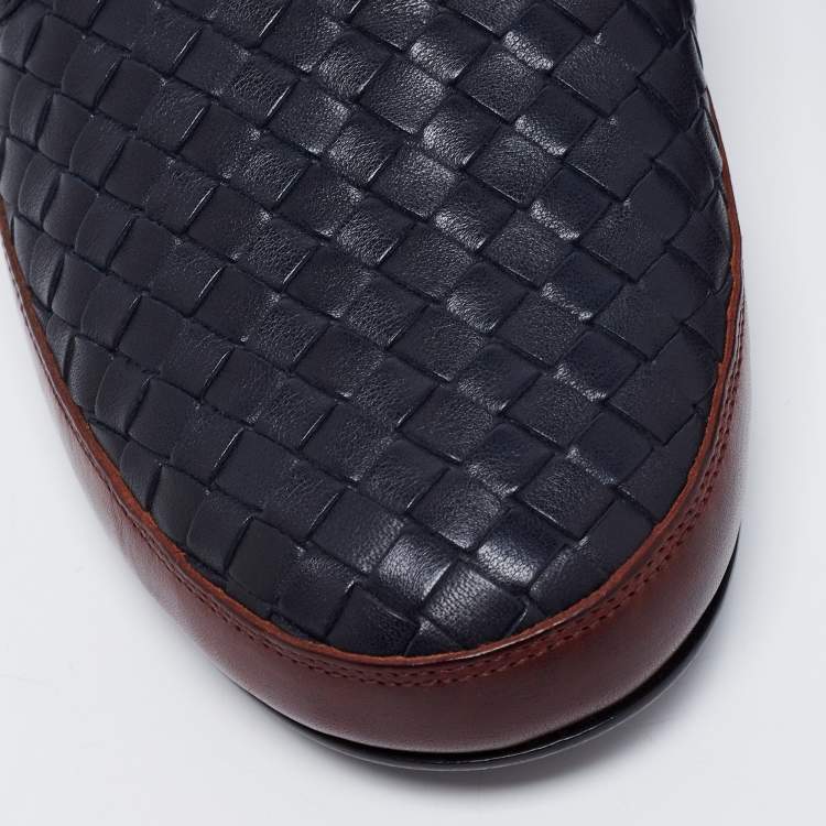 Pre Owned Bottega Veneta Navy Blue/Brown Intrecciato Leather Smoking Slippers Size 39