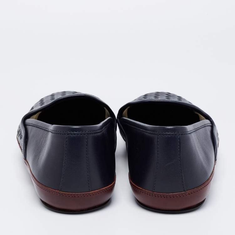 Pre Owned Bottega Veneta Navy Blue/Brown Intrecciato Leather Smoking Slippers Size 39