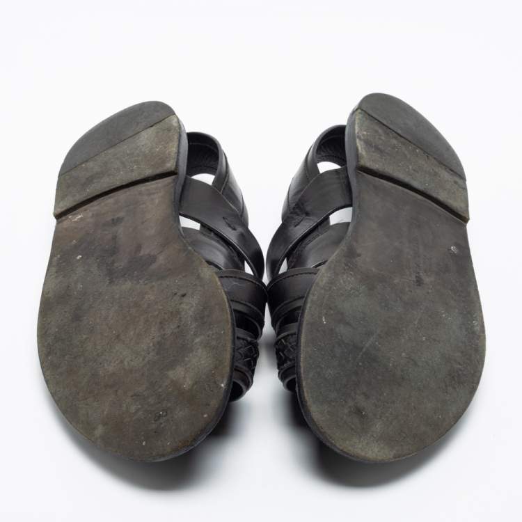 Pre Owned Bottega Veneta Black Intrecciato Leather Criss Cross Flat Sandals Size 41