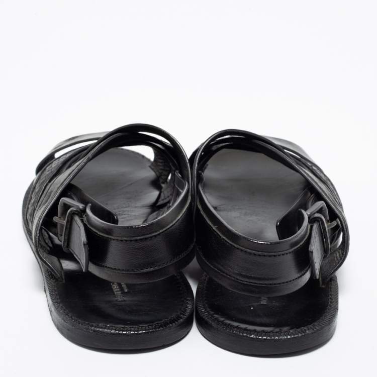 Pre Owned Bottega Veneta Black Intrecciato Leather Criss Cross Flat Sandals Size 41