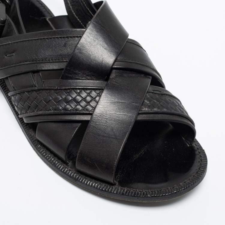 Pre Owned Bottega Veneta Black Intrecciato Leather Criss Cross Flat Sandals Size 41