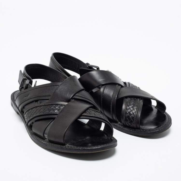 Pre Owned Bottega Veneta Black Intrecciato Leather Criss Cross Flat Sandals Size 41