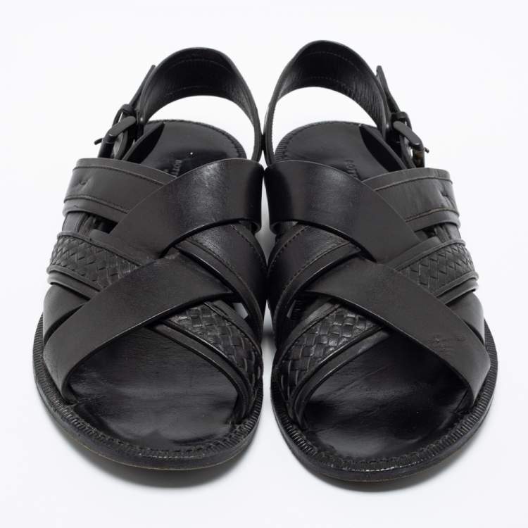 Pre Owned Bottega Veneta Black Intrecciato Leather Criss Cross Flat Sandals Size 41