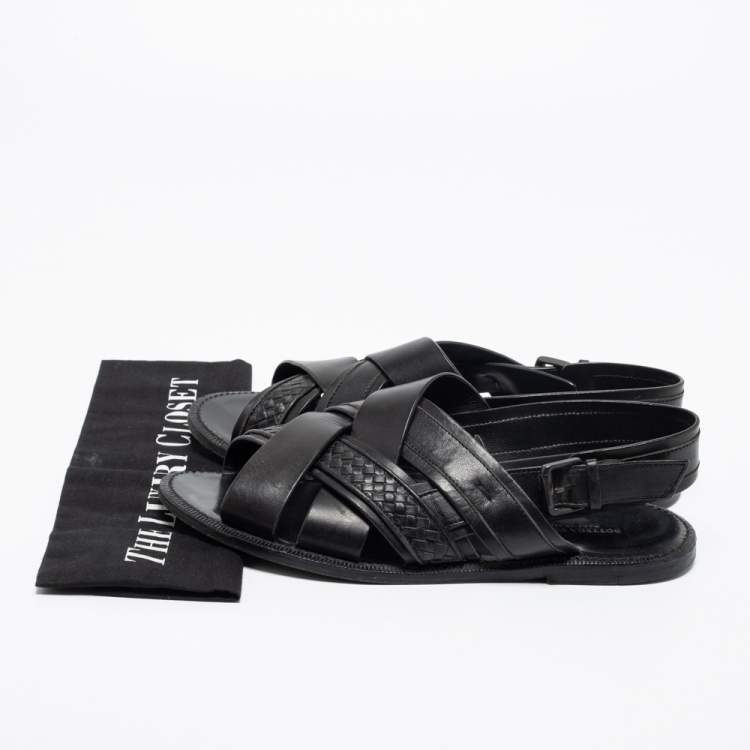 Pre Owned Bottega Veneta Black Intrecciato Leather Criss Cross Flat Sandals Size 41