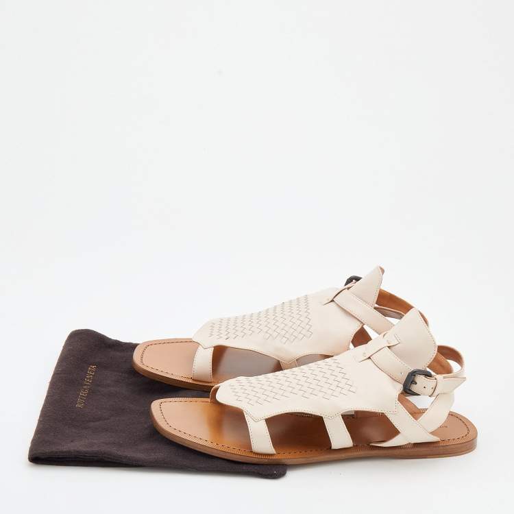 Pre Owned Bottega Veneta Light Beige Intrecciato Leather Slingback Flat Sandals Size 41