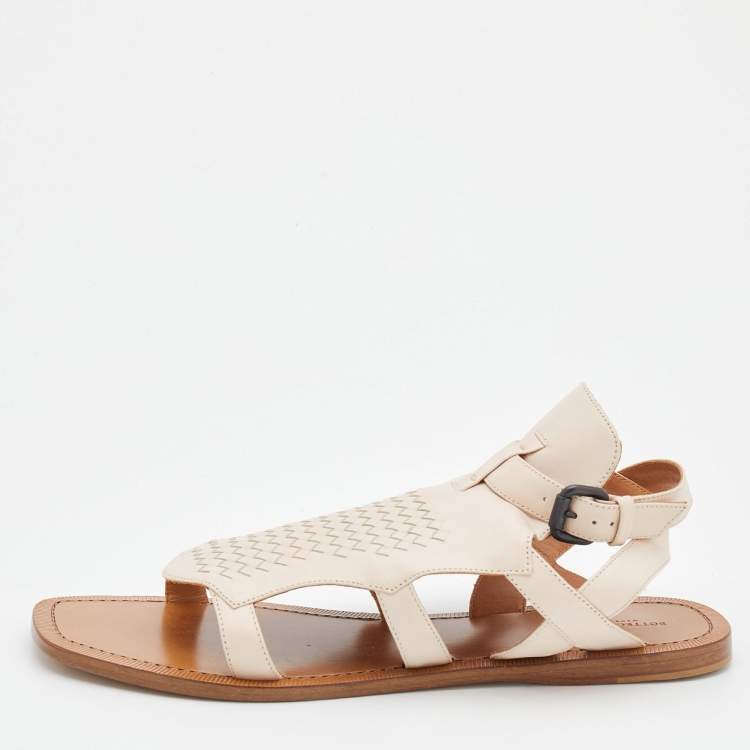 Pre Owned Bottega Veneta Light Beige Intrecciato Leather Slingback Flat Sandals Size 41