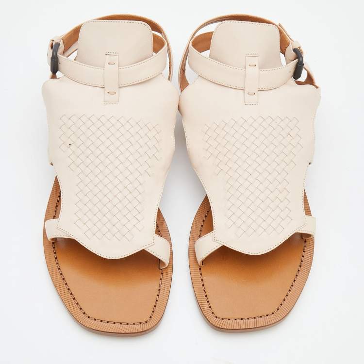 Pre Owned Bottega Veneta Light Beige Intrecciato Leather Slingback Flat Sandals Size 41