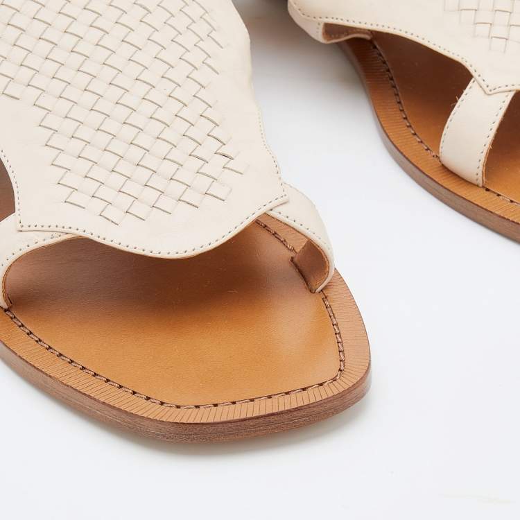 Pre Owned Bottega Veneta Light Beige Intrecciato Leather Slingback Flat Sandals Size 41