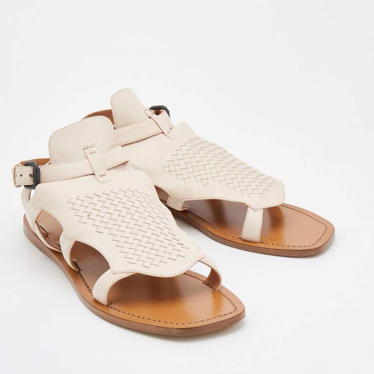 Pre Owned Bottega Veneta Light Beige Intrecciato Leather Slingback Flat Sandals Size 41