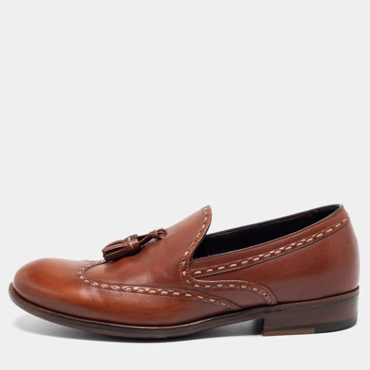 Pre Owned Bottega Veneta Brown Leather Tassel Slip On Loafers Size 40