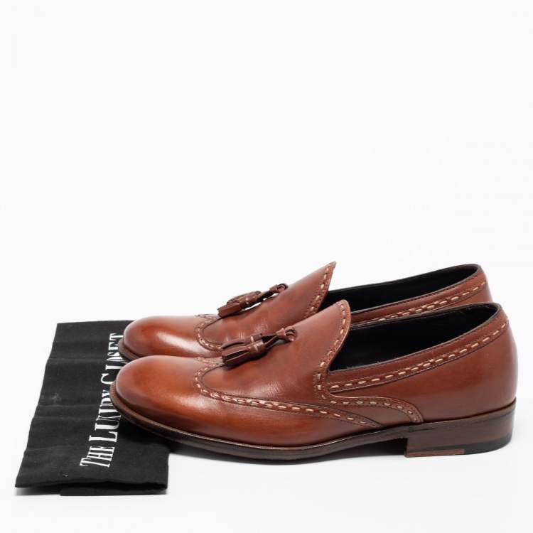 Pre Owned Bottega Veneta Brown Leather Tassel Slip On Loafers Size 40
