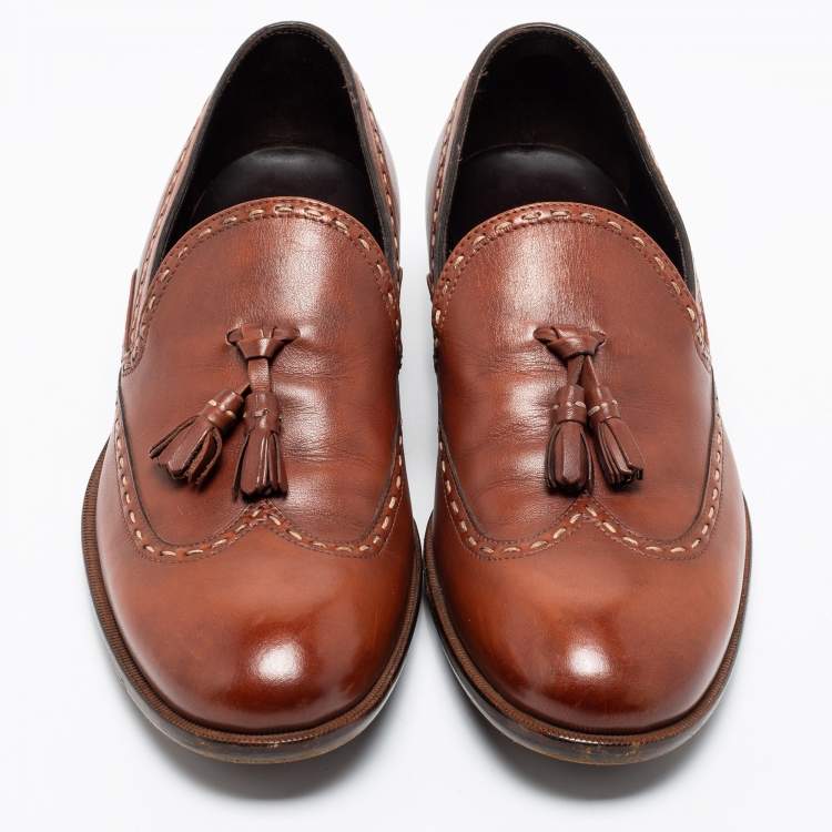 Pre Owned Bottega Veneta Brown Leather Tassel Slip On Loafers Size 40