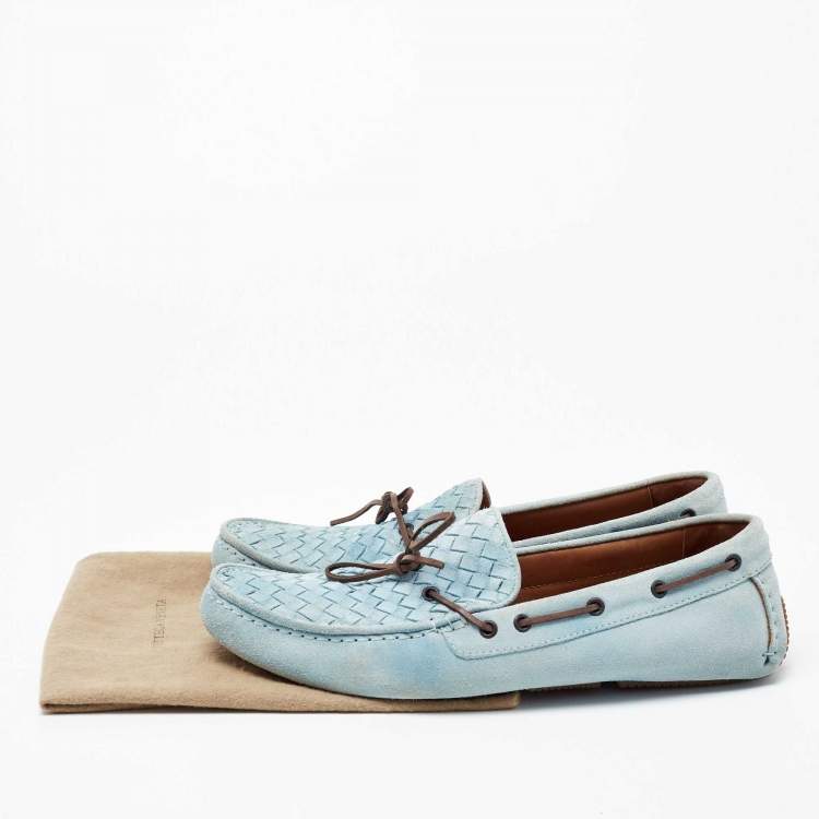 Pre Owned Bottega Veneta Light Blue Intrecciato Suede Bow Loafers Size 45.5