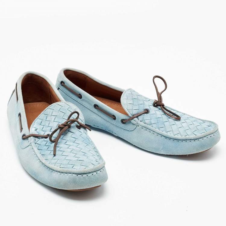 Pre Owned Bottega Veneta Light Blue Intrecciato Suede Bow Loafers Size 45.5