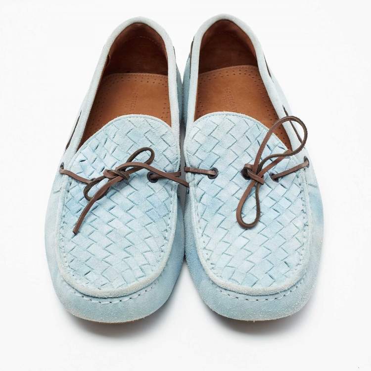 Pre Owned Bottega Veneta Light Blue Intrecciato Suede Bow Loafers Size 45.5
