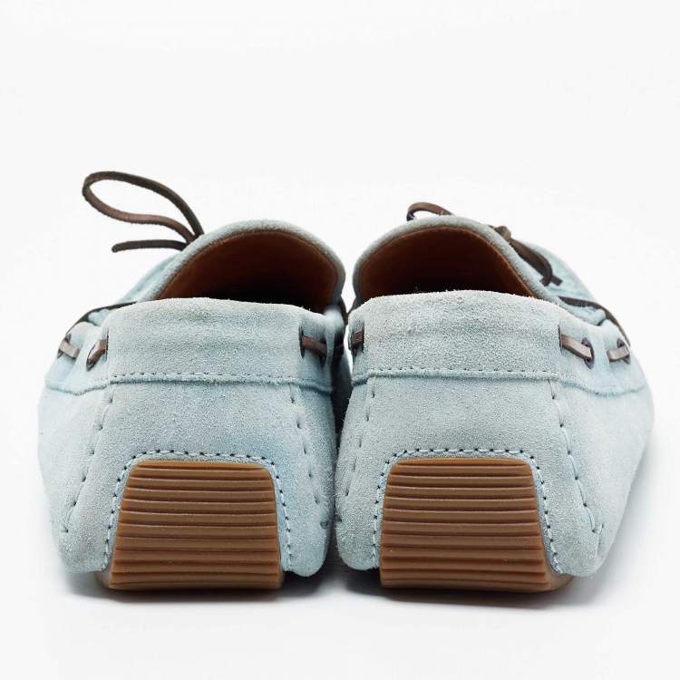Pre Owned Bottega Veneta Light Blue Intrecciato Suede Bow Loafers Size 45.5