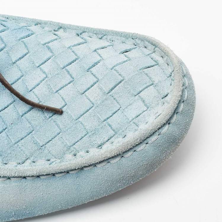 Pre Owned Bottega Veneta Light Blue Intrecciato Suede Bow Loafers Size 45.5