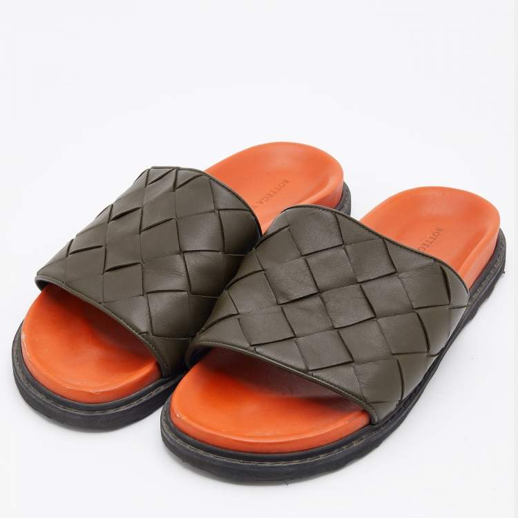 Pre Owned Bottega Veneta Olive Green Intrecciato Leather Speedster Flat Slides Size 45