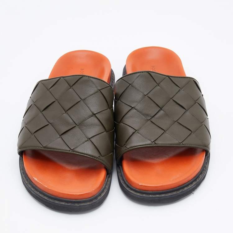Pre Owned Bottega Veneta Olive Green Intrecciato Leather Speedster Flat Slides Size 45
