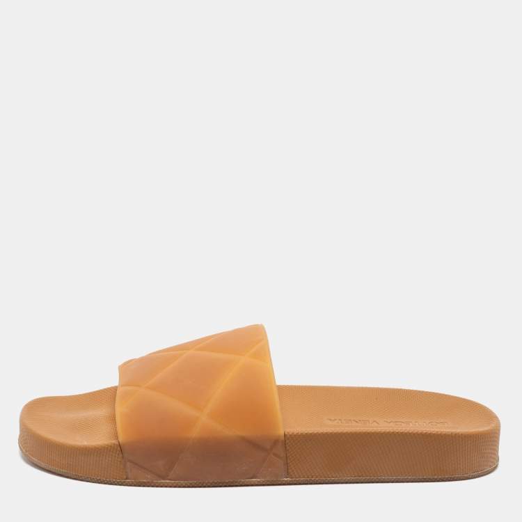 Pre Owned Bottega Veneta Brown Intrecciato Rubber Slide Sandals Size 42
