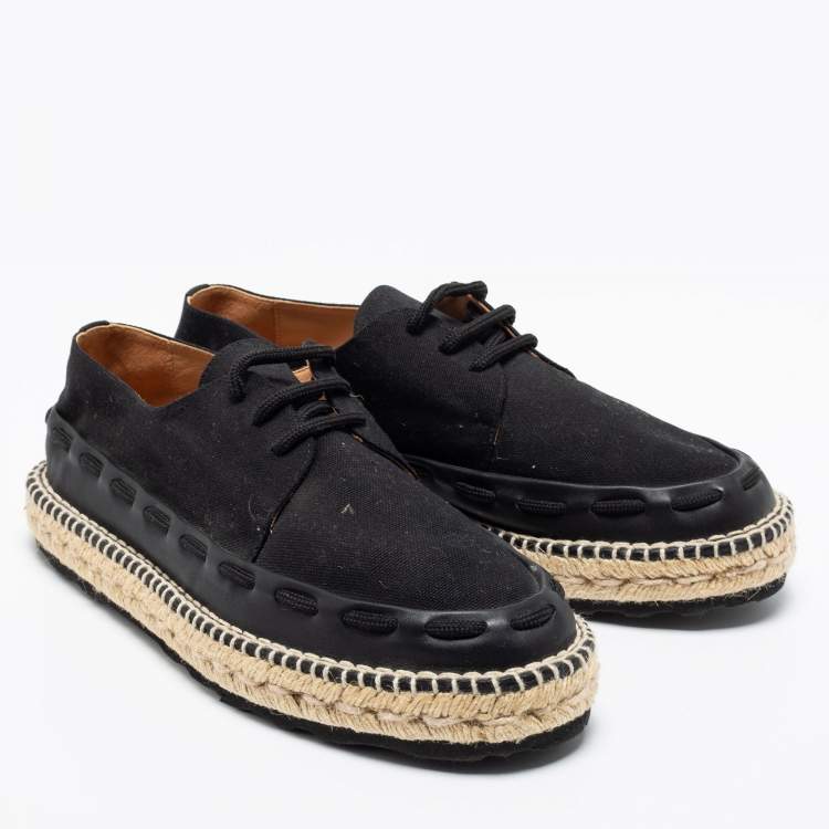 Pre Owned Bottega Veneta Black Leather And Canvas Trimmed Lace-Up Espadrilles Size 41