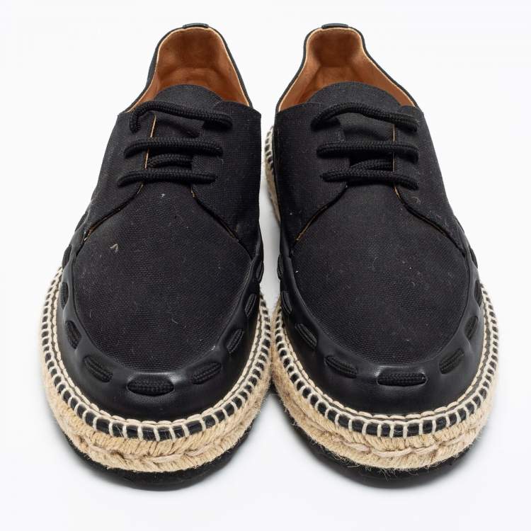 Pre Owned Bottega Veneta Black Leather And Canvas Trimmed Lace-Up Espadrilles Size 41