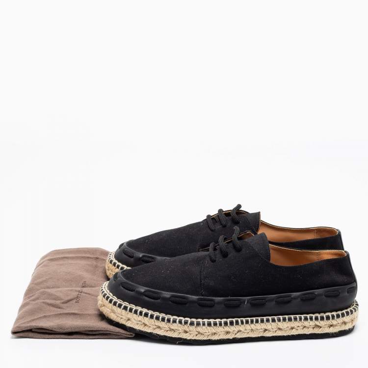 Pre Owned Bottega Veneta Black Leather And Canvas Trimmed Lace-Up Espadrilles Size 41