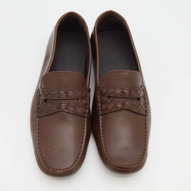 Pre Owned Bottega Veneta Brown Leather Wave Driver Intrecciato Detail Slip On Loafers Size 41