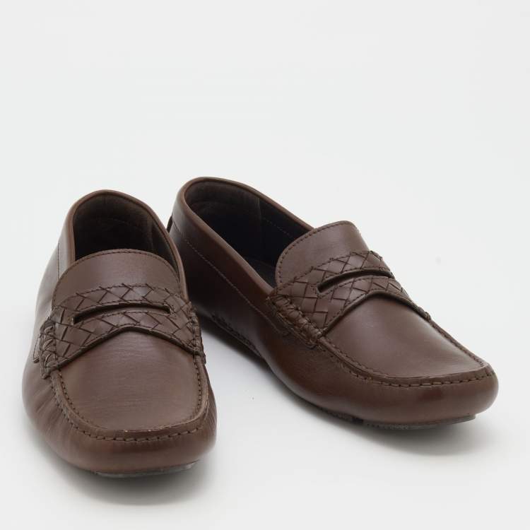 Pre Owned Bottega Veneta Brown Leather Wave Driver Intrecciato Detail Slip On Loafers Size 41