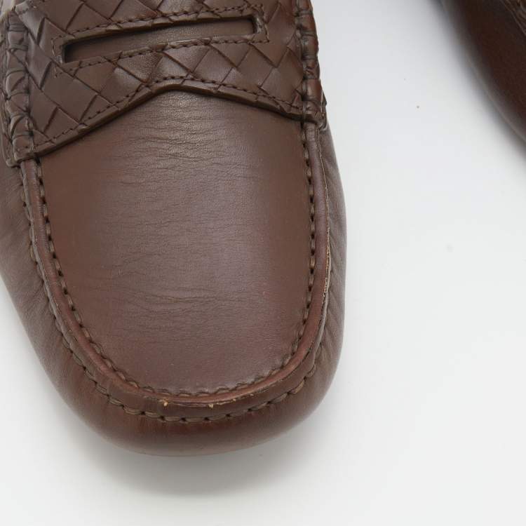 Pre Owned Bottega Veneta Brown Leather Wave Driver Intrecciato Detail Slip On Loafers Size 41