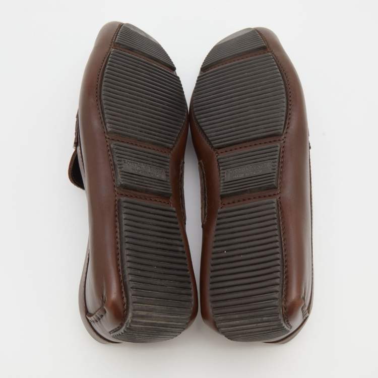 Pre Owned Bottega Veneta Brown Leather Wave Driver Intrecciato Detail Slip On Loafers Size 41