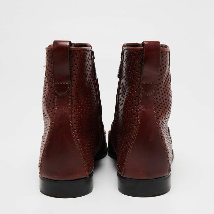 Pre Owned Bottega Veneta Burgundy Perforated Leather Ankle Length Boots Size 41