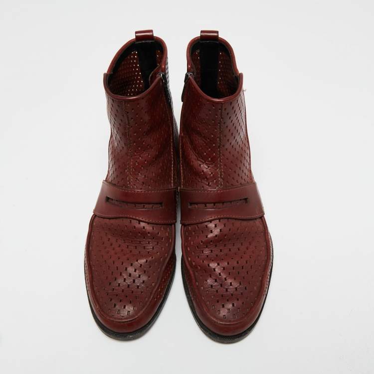 Pre Owned Bottega Veneta Burgundy Perforated Leather Ankle Length Boots Size 41