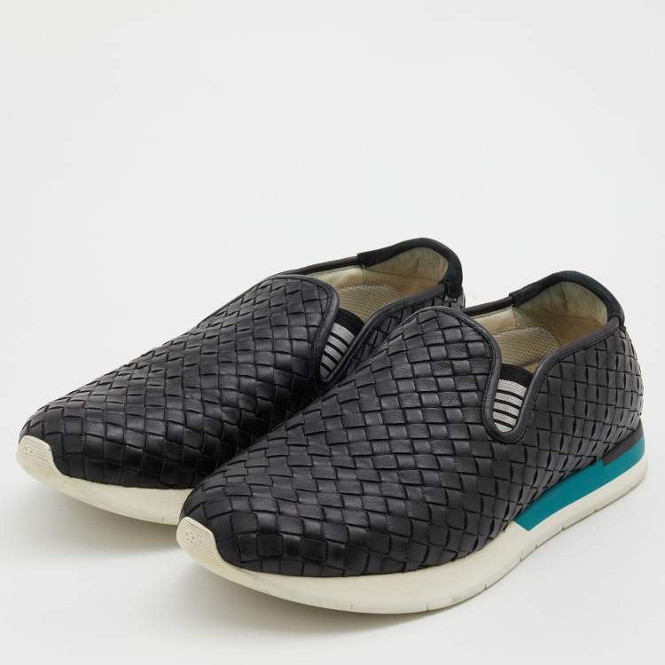 Pre Owned Bottega Veneta Black Intrecciato Leather Slip On Sneakers Size 42